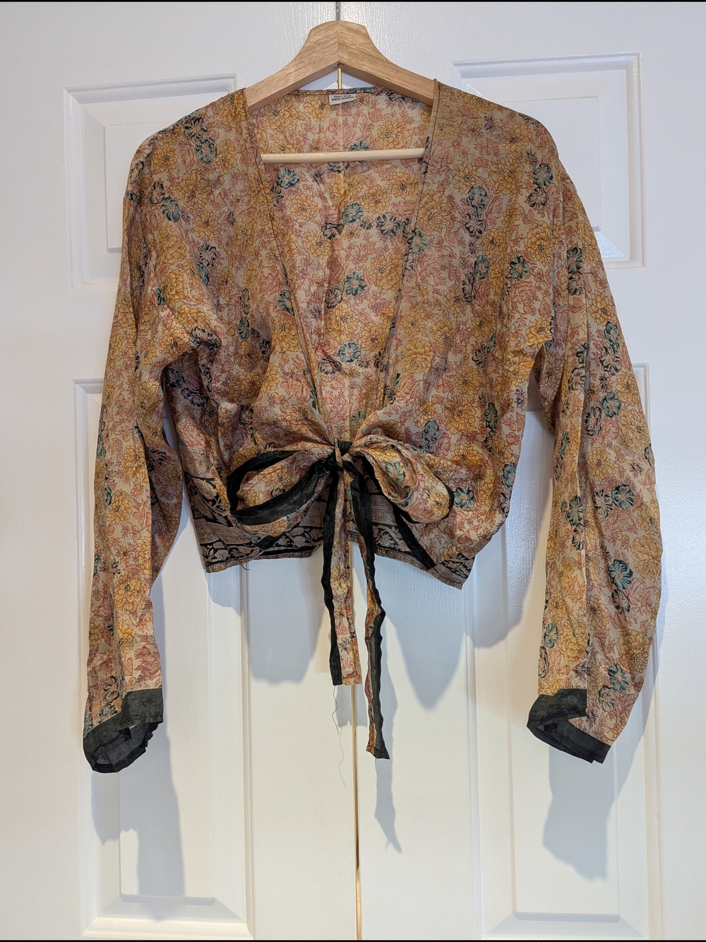 Women's Silk Tie Front Floral Wrap Top Shirt Blouse Boho Festival Fairycore